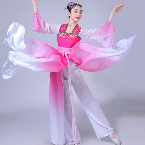 Women's chinese folk dance costumes pink gradient hanfu fairy ancient traditional classical dance dresses costumes